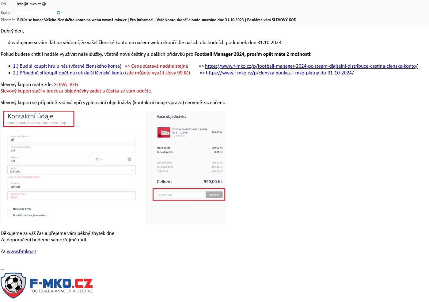 Informační e-mail konec členských kont FMKO.CZ