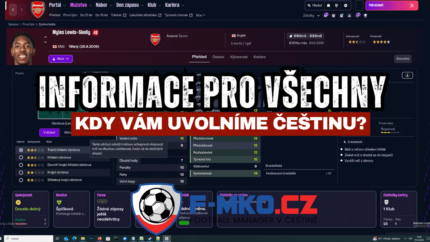 Důležité informace pro všechny členy - Kdy uvolníme češtinu pro Football Manager 2026 | F-MKO.CZ