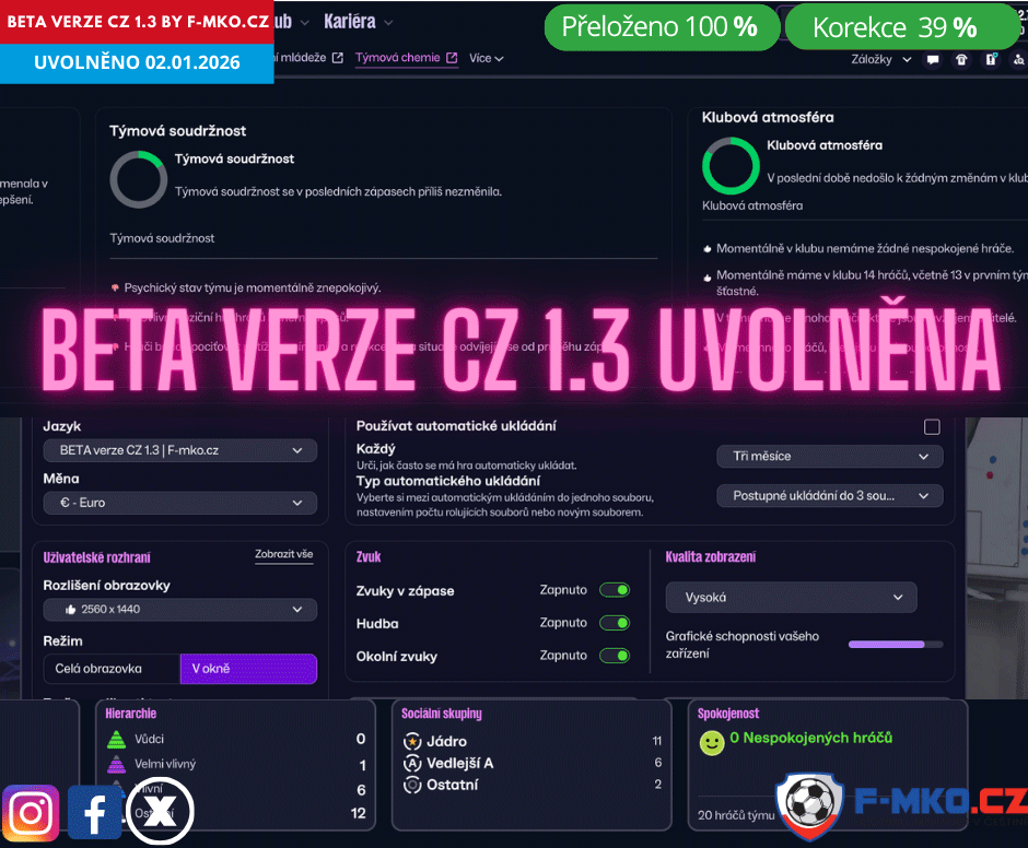 BETA verze češtiny 1.3 pro Football Manager 2026 | DALŠÍCH 35 000 OPRAV | F-MKO.CZ 