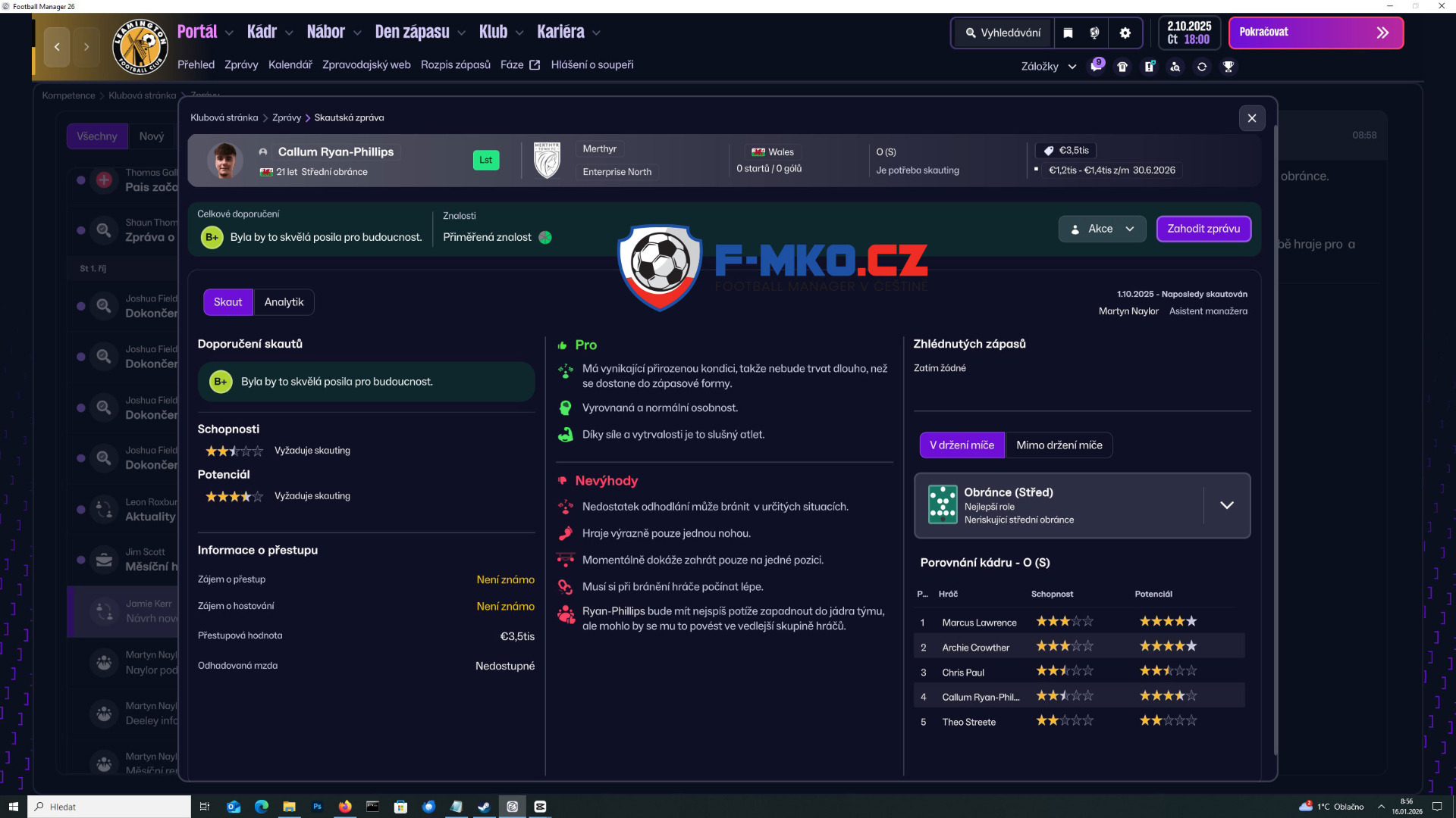 Ukázka BETA verze 1.4 češtiny pro FM26 by FMKO.CZ-16-01-2026-3