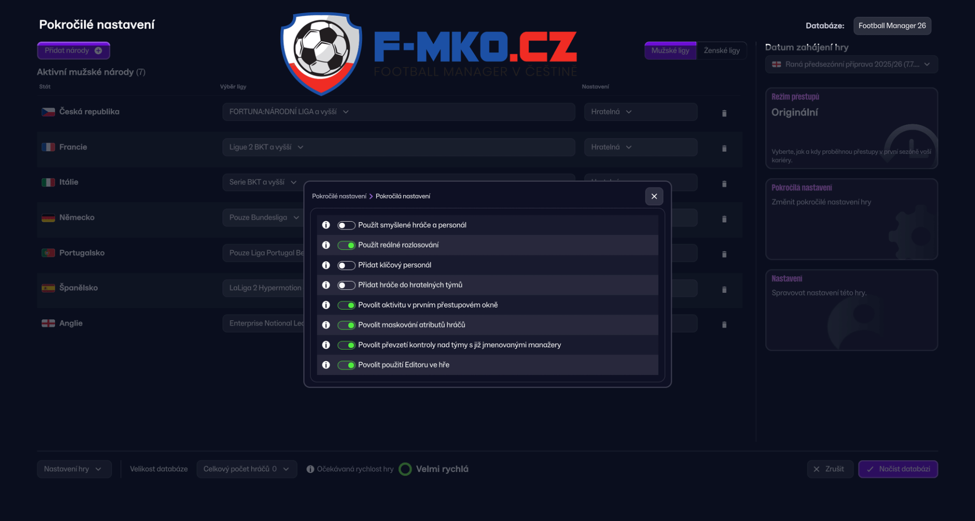 Pokročilá nastavení ve Football Manageru 2026 v češtině FMKO.CZ