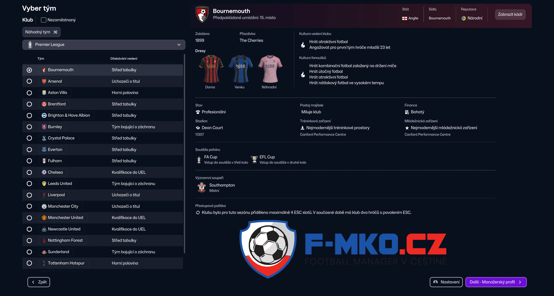 Výběr týmu ve Football Manageru 2026 Cz FMKo.cz