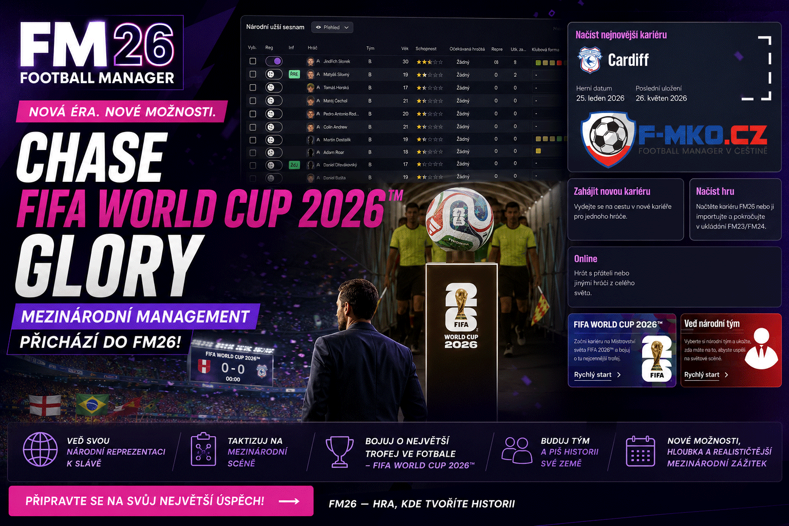 Propagační banner hry FM26 Football Manager s rozhraním kariéry, míčem a nápisem FIFA World Cup 2026 v češtině.