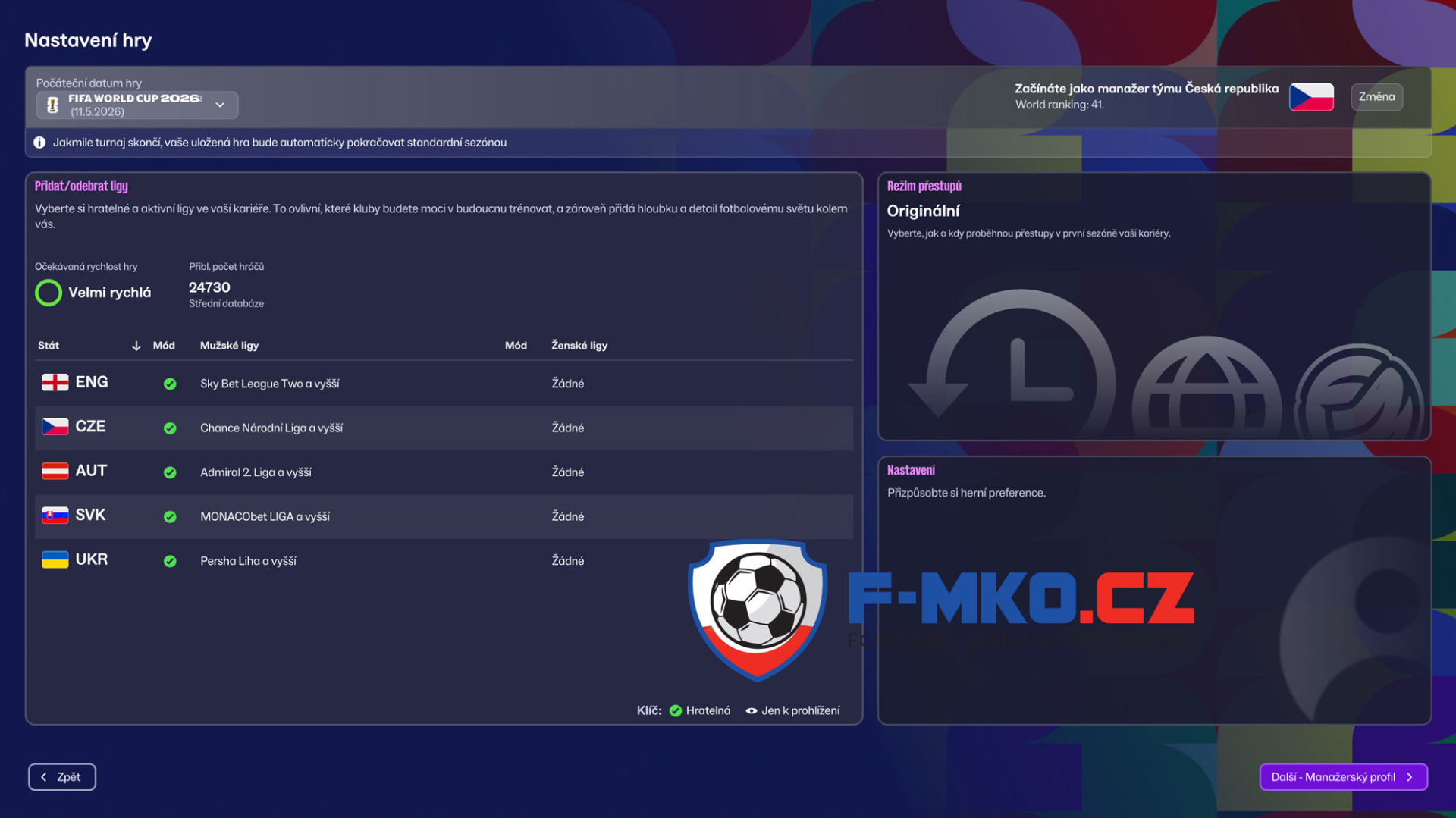 Nastavení hry ve fotbalovém manažeru: seznam lig, režim přestupů a volby pro kariéru.