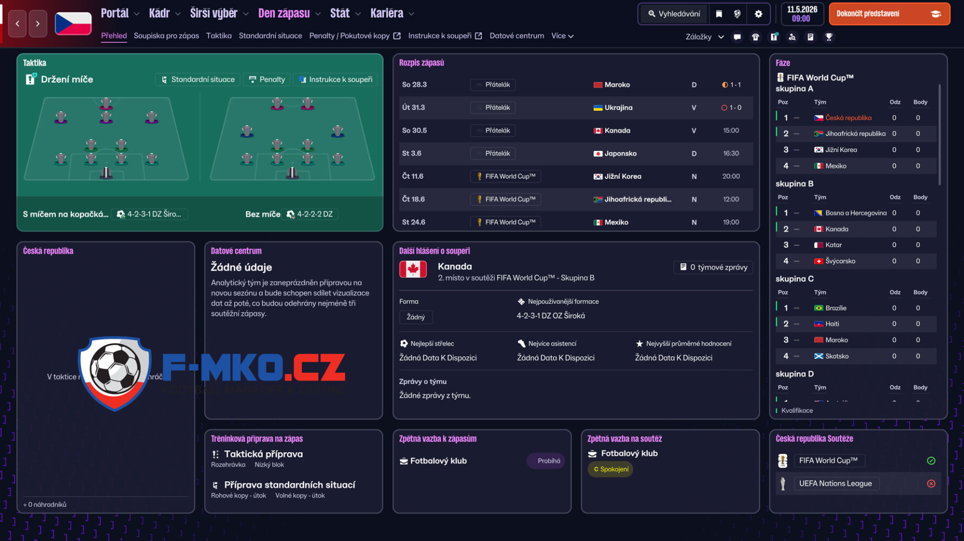 Fotbalový manažerský dashboard s taktikou, rozpisem zápasů a tabulkami skupin FIFA World Cup.