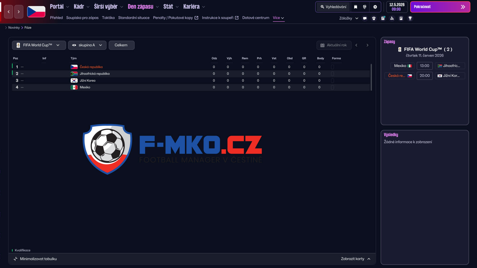 Fotbalový manažerský web s tabulkou skupiny A, zápasy a logem F-MKO.CZ na tmavém pozadí.