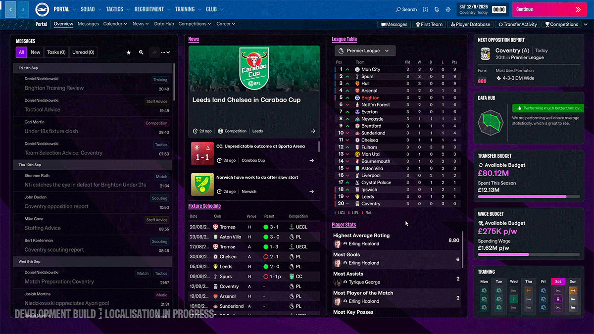 Portál Football Manageru 2027 se zprávami a tabulkou soutěže