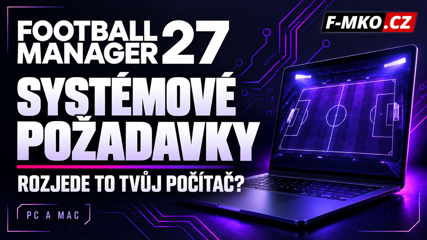 Úvodní grafika Football Manageru 2027 s notebookem zobrazujícím fotbalové hřiště a otázkou „Rozjede to tvůj počítač?“