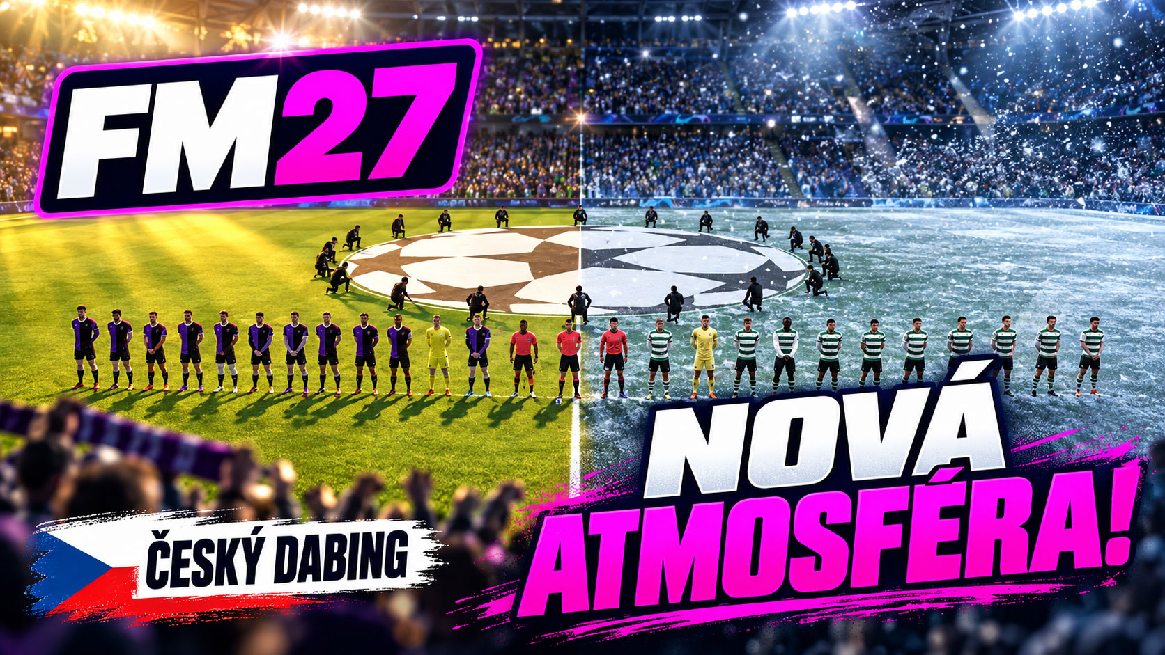 Football Manager 2027 – zápasový den na stadionu v letním a zimním počasí, nová atmosféra a český dabing