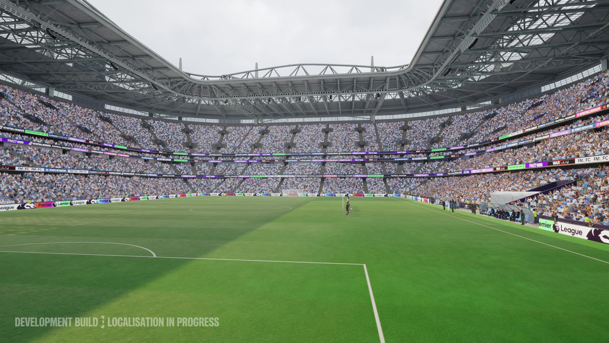 Moderní stadion ve Football Manageru 2027 s detailnější architekturou a zaplněnými tribunami