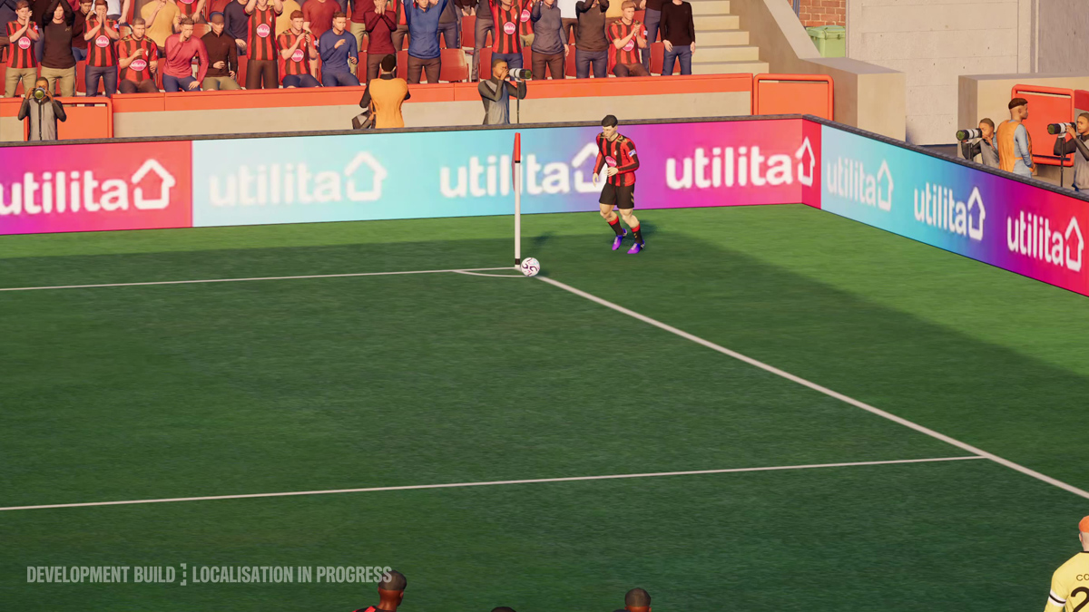 Detail hráče při rohovém kopu ve Football Manageru 2027 s novými modely a 3D trávou