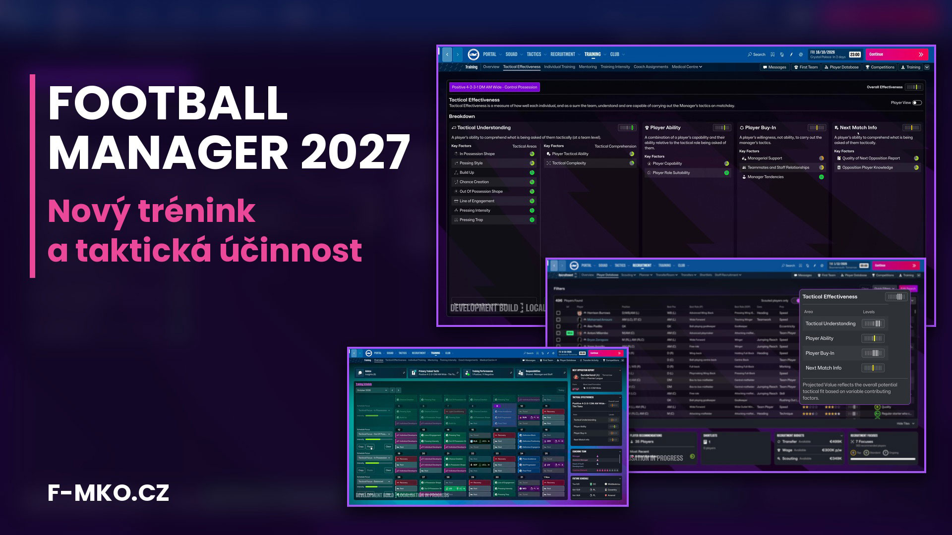 Football Manager 2027: grafika nového tréninku a taktické účinnosti s osvětleným fotbalovým hřištěm, taktickou tabulí a čtyřmi ukazateli