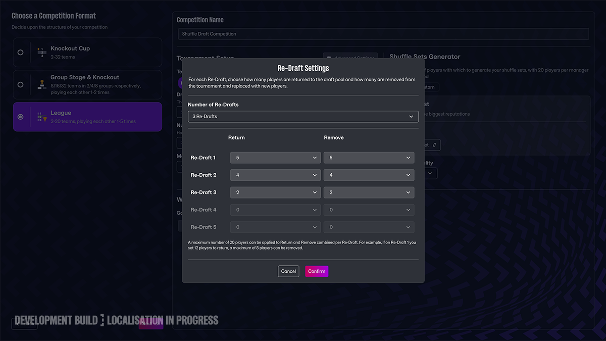 Football Manager 2027 Shuffle Draft: nastavení počtu Re-Draftů a hráčů vrácených nebo vyřazených při obměně kádru