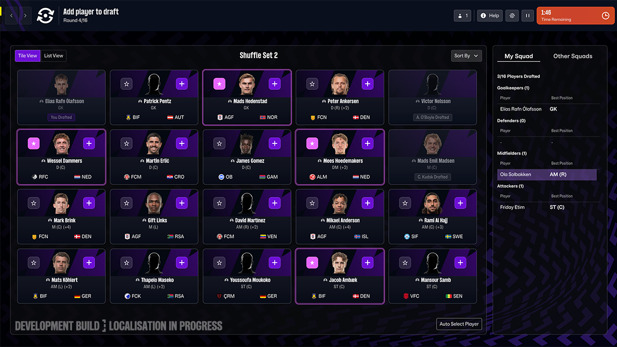 Football Manager 2027 Shuffle Draft: karty dostupných hráčů a právě sestavovaná soupiska týmu