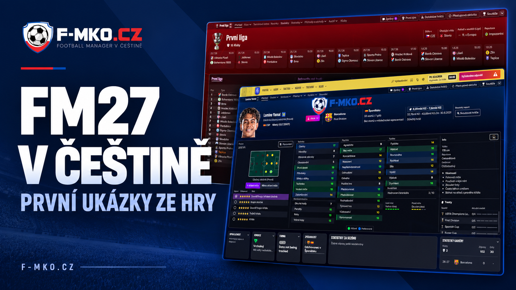 Titulní grafika FM27 v češtině s ukázkami profilu hráče a přehledu české První ligy.